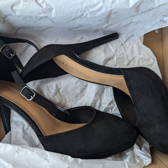 Le Chateau NWT black suede closed toe ankle strap stiletto 4" size 7 - Picture 11 of 14